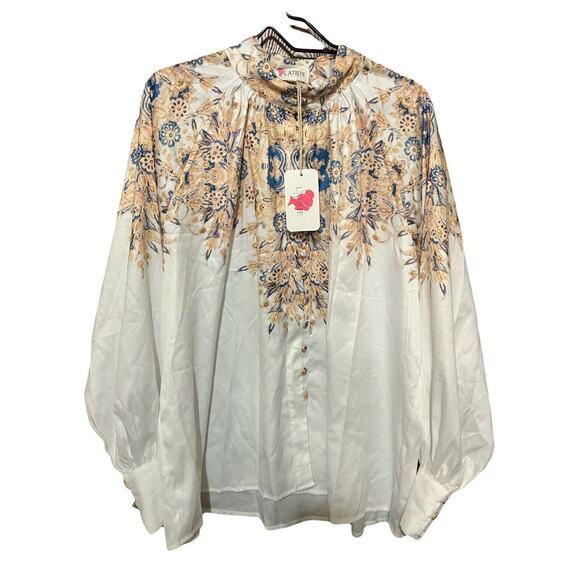 L'ATISTE by Amy Button 1X Mandarin Collar Satin Printed Dress Blouse Brand New - Picture 2 of 16